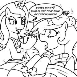 Size: 1000x1000 | Tagged: safe, artist:madmax, princess celestia, princess luna, alicorn, pony, g4, female, ice pack, lineart, mare, monochrome, nurse, rectal thermometer, s1 luna, sick, thermometer