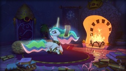 Size: 2048x1152 | Tagged: safe, artist:expir, princess celestia, pony, g4, 3d, book, female, fireplace, solo