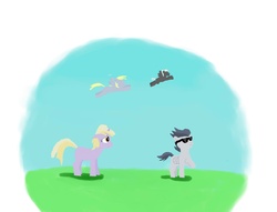 Size: 1636x1252 | Tagged: safe, artist:ponyknight, derpy hooves, rumble, thunderlane, pegasus, pony, g4, female, flying, mare, sunglasses