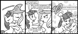 Size: 1000x437 | Tagged: safe, artist:madmax, trixie, twilight sparkle, pony, unicorn, g4, 3 panel comic, comic, duo, female, kiss on the lips, kissing, lesbian, mare, monochrome, ship:twixie, shipping