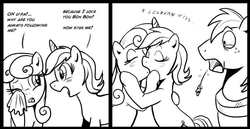 Size: 927x477 | Tagged: safe, artist:madmax, big macintosh, bon bon, lyra heartstrings, sweetie drops, earth pony, pony, unicorn, g4, 2 panel comic, black and white, comic, female, grayscale, kiss on the lips, kissing, lesbian, lesbian in front of boys, male, monochrome, ship:lyrabon, shipping, trio