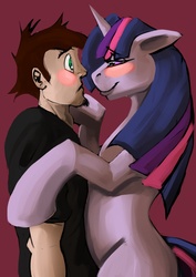 Size: 744x1052 | Tagged: safe, artist:brokencreation, twilight sparkle, human, unicorn, g4, blushing, crack shipping, crossover, dan, dan vs, danlight, female, hug, male, shipping, straight, twilightdan, unicorn twilight, wat