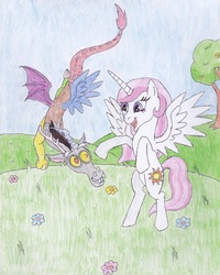 Size: 2507x3132 | Tagged: safe, artist:tallest-ariva, discord, princess celestia, g4, female, male, pink-mane celestia, ship:dislestia, shipping, straight, traditional art, younger