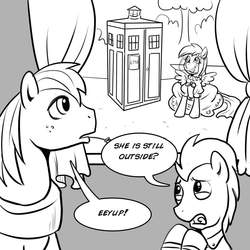 Size: 1000x1000 | Tagged: safe, artist:madmax, big macintosh, derpy hooves, doctor whooves, time turner, earth pony, pony, g4, clothes, dress, male, stallion, tardis, wedding dress