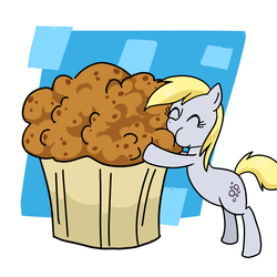 Size: 1000x1000 | Tagged: safe, artist:madmax, derpy hooves, pegasus, pony, g4, female, giant muffin, mare, muffin, solo, that pony sure does love muffins