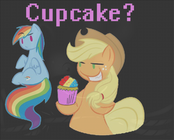 Size: 888x718 | Tagged: artist needed, safe, applejack, rainbow dash, g4, cupcake, rainbow cupcake