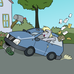 Size: 1000x1000 | Tagged: safe, artist:madmax, derpy hooves, pegasus, pony, g4, car, crash, crashing, derpy driving, driving, feather, female, letter, mail, mailbox, mare, open mouth, package, smiling, solo, spread wings, throwing, trash can, wat, wings