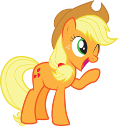 Size: 932x993 | Tagged: artist needed, source needed, safe, applejack, earth pony, pony, g4, female, mare, one eye closed, open mouth, raised hoof, simple background, smiling, transparent background, vector, wink