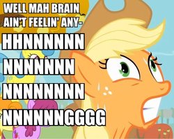 Size: 600x478 | Tagged: safe, applejack, berry punch, berryshine, carrot top, golden harvest, g4, derp, gritted teeth, hnnng, image macro, sweat, tree, wide eyes