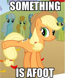 Size: 529x636 | Tagged: safe, edit, edited screencap, screencap, applejack, carrot top, golden harvest, lemon hearts, linky, pokey pierce, shoeshine, earth pony, pony, unicorn, fall weather friends, g4, applejack's hat, background pony, cowboy hat, female, hat, image macro, impact font, kicks mcgee, mare, pun