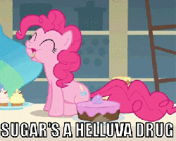 Size: 400x320 | Tagged: safe, edit, edited screencap, screencap, pinkie pie, a bird in the hoof, g4, season 1, animated, cake, chewing, eating, female, food, gif, image macro, mare, nom