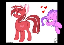 Size: 2500x1777 | Tagged: safe, artist:skipsy, oc, oc only, oc:red ribbon, oc:sweet strokes, pony, blushing, butt, chubby, drool, heart, plot