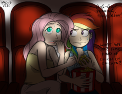 Size: 1347x1041 | Tagged: safe, artist:allosaurus, artist:megasweet, fluttershy, rainbow dash, human, g4, cinema, humanized, popcorn, scared