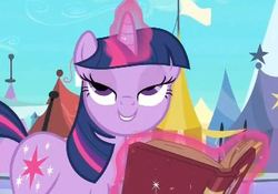 Size: 374x262 | Tagged: safe, screencap, twilight sparkle, pony, unicorn, g4, the crystal empire, bedroom eyes, book, levitation, magic, solo, telekinesis, unicorn twilight