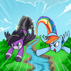 Size: 800x800 | Tagged: safe, artist:ex626akakeon, artist:madmax, rainbow dash, oc, oc:skywind, g4, flying, race