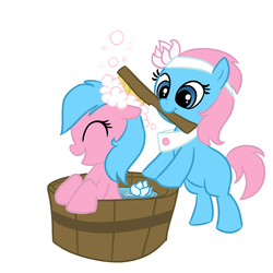 Size: 1000x1000 | Tagged: safe, artist:madmax, aloe, lotus blossom, earth pony, pony, g4, bath, brush, filly, spa twins, younger