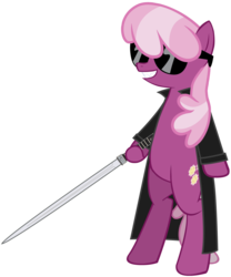 Size: 1100x1324 | Tagged: safe, artist:totallynotabronyfim, cheerilee, vampire, g4, blade, blade (marvel), clothes, crossover, daywalker, fangs, simple background, sword, transparent background, trenchcoat