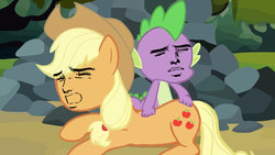 Size: 1024x576 | Tagged: safe, edit, edited screencap, screencap, applejack, spike, dragon, earth pony, pony, g4, spike at your service, butt touch, face swap, female, hand on butt, mare, yaranaika