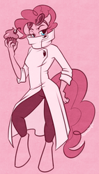 Size: 608x1074 | Tagged: safe, artist:ryunwoofie, pinkie pie, earth pony, anthro, g4, clothes, costume, cupcake, female, goggles, invader zim, lab coat, professor membrane, scientist, solo