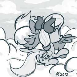 Size: 1000x1000 | Tagged: safe, artist:derkrazykraut, cloudchaser, flitter, pegasus, pony, g4, bow, butt, cloud, duo, duo female, eyes closed, female, mare, monochrome, one wing out, plot, preening, wings