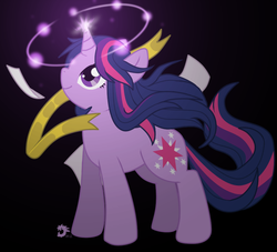 Size: 900x818 | Tagged: safe, artist:mythicdragoness13, twilight sparkle, pony, unicorn, g4, alternate hairstyle, black background, closed mouth, full body, looking up, magic, side view, simple background, smiling, solo, unicorn twilight