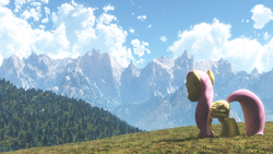 Size: 4000x2250 | Tagged: safe, artist:saxm13, fluttershy, g4, 3d, forest, mountain, ponies in real life, scenery