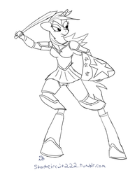 Size: 995x1357 | Tagged: safe, artist:short circuit, shining armor, anthro, g4, 30 minute art challenge, armor, female, gleaming shield, monochrome, rule 63, shield, solo, sword