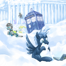 Size: 842x842 | Tagged: safe, artist:saturnspace, cloudchaser, doctor whooves, star hunter, surprise, thunderlane, time turner, pegasus, pony, ask discorded whooves, g1, g4, cloudsdale, crossover, discord whooves, doctor who, female, g1 to g4, generation leap, jack harkness, male, mare, stallion, tardis, the doctor, wip