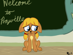 Size: 800x600 | Tagged: safe, artist:aa, oc, oc only, oc:juniper, deer, celtic, chalkboard, classroom, exchange student, hair ribbon, indoors, looking away, pale belly, pigtails, ponyville elementary, ponyville schoolhouse, school, scottish, shy, sitting, solo