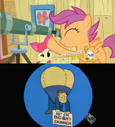 Size: 500x550 | Tagged: safe, apple bloom, scootaloo, g4, balloon, big butt skinner, exploitable meme, huge butt, impossibly large butt, large butt, male, principal skinner, seymour skinner, telescope, telescope meme, the simpsons, weather balloon