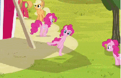 Size: 393x254 | Tagged: safe, screencap, apple fritter, applejack, big macintosh, pinkie pie, earth pony, pony, g4, season 3, too many pinkie pies, animated, apple family member, bipedal, buster keaton, clone, dancing, female, male, mare, multeity, parody, pinkie clone, stallion, sweet apple acres, too much pink energy is dangerous