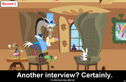 Size: 1024x672 | Tagged: safe, angel bunny, discord, comic:celestia's servant interview, g4, caption, interview, meta