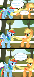 Size: 904x2008 | Tagged: safe, artist:nerfpony, applejack, rainbow dash, earth pony, pegasus, pony, g4, comic, female, mare, role reversal, tail bite, tail pull