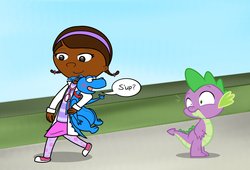 Size: 3099x2103 | Tagged: safe, artist:abigail m., spike, dragon, human, g4, child, crossover, doc, doc mcstuffins, plushie, speech bubble, stuffy