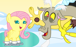 Size: 3200x2000 | Tagged: safe, artist:beavernator, discord, fluttershy, draconequus, pegasus, pony, g4, keep calm and flutter on, season 3, age regression, baby, baby pony, babyshy, cute, ice skating, shyabetes