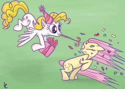 Size: 1671x1190 | Tagged: safe, artist:lauren faust, artist:luckyenigma, posey, surprise, g1, g4, colored, confetti, g1 to g4, generation leap, green background, hat, party hat, party horn, present, simple background