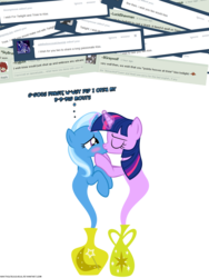Size: 1050x1400 | Tagged: safe, artist:navitaserussirus, trixie, twilight sparkle, genie, pony, unicorn, asktwixiegenies, g4, ask, duo, female, kiss on the lips, kissing, lesbian, ship:twixie, shipping, simple background, transparent background, tumblr