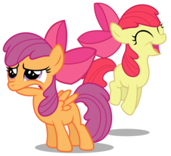 Size: 6038x5486 | Tagged: safe, artist:austiniousi, apple bloom, scootaloo, earth pony, pegasus, pony, g4, absurd resolution, alternate hairstyle, apple bloom's bow, bow, duo, duo female, female, filly, foal, hair bow, hilarious in hindsight, simple background, transparent background, vector