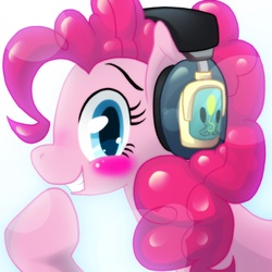 Size: 1200x1200 | Tagged: dead source, safe, artist:surgicalarts, pinkie pie, earth pony, pony, g4, blushing, cutie mark headphones, female, headphones, solo