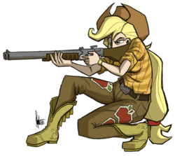 Size: 800x712 | Tagged: safe, artist:theartrix, applejack, human, g4, action pose, clothes, female, gun, hat, humanized, shotgun, simple background, solo, transparent background