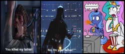 Size: 1000x437 | Tagged: safe, princess celestia, princess luna, g4, celestia and luna reacts, comic, darth vader, juice, luke skywalker, meme, popcorn, shocked, spit take, spoiler, star wars