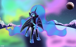 Size: 6400x4000 | Tagged: safe, artist:roadsleadme, nightmare moon, alicorn, pony, g4, absurd resolution, aurora borealis, female, moon, solo, stars