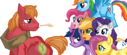 Size: 2000x869 | Tagged: safe, artist:dunnstar, applejack, big macintosh, fluttershy, pinkie pie, rainbow dash, rarity, twilight sparkle, earth pony, pony, g4, cover art, fanfic art, fanfic cover, male, mane six, stallion