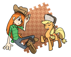 Size: 876x705 | Tagged: safe, artist:tachikawa, applejack, g4, accessory swap, clothes swap, crossover, gravity falls, hat, hat swap, male, pixiv, wendy corduroy