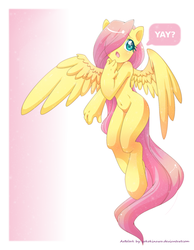 Size: 1400x1800 | Tagged: safe, artist:yokokinawa, fluttershy, anthro, unguligrade anthro, g4, ambiguous facial structure, belly button, female, flying, hair over one eye, looking at you, solo, yay