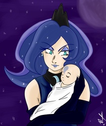 Size: 1077x1282 | Tagged: safe, artist:frankaraya, princess luna, human, g4, baby, duo, hijo de la luna, humanized, maternaluna, night