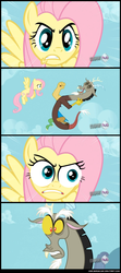 Size: 974x2190 | Tagged: safe, edit, edited screencap, screencap, discord, fluttershy, draconequus, pegasus, pony, g4, keep calm and flutter on, comic, element of kindness, female, male, mare, screencap comic, special eyes, the stare