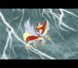 Size: 1024x896 | Tagged: safe, artist:caycowa, derpy hooves, pegasus, pony, g4, armor, epic derpy, female, lightning, mare, rain, solar empire, solo, storm, underp