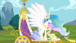 Size: 1920x1080 | Tagged: safe, screencap, princess celestia, g4, keep calm and flutter on, animation error, faic, hub logo, wat, wings