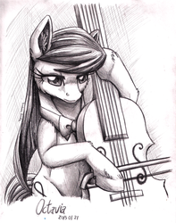 Size: 900x1142 | Tagged: safe, artist:inuhoshi-to-darkpen, octavia melody, earth pony, pony, g4, cello, female, monochrome, musical instrument, solo, traditional art, unshorn fetlocks